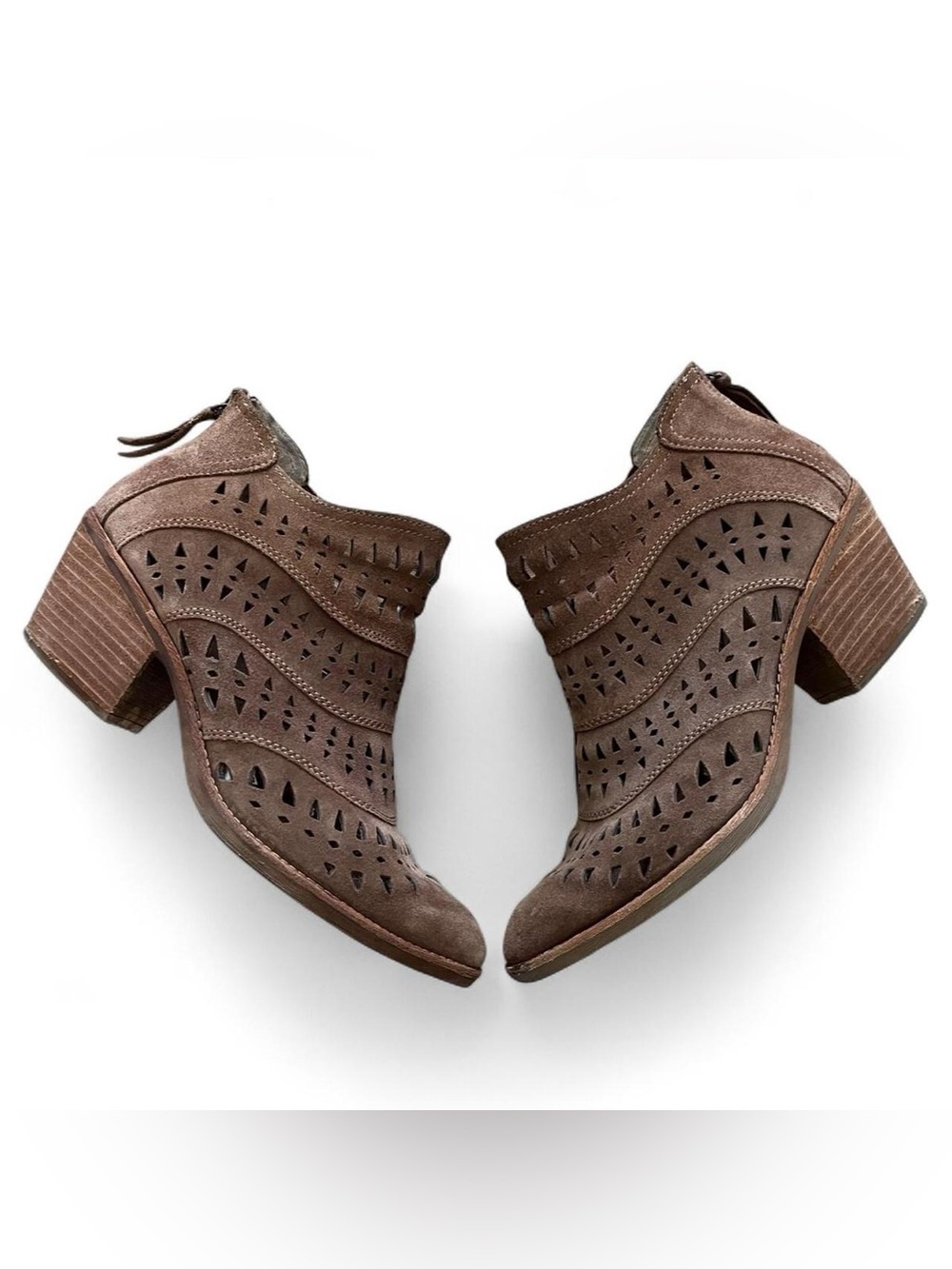 Söfft Caramel Brown Genuine Leather Suede Laser Cut out zip up Ankle Booties
